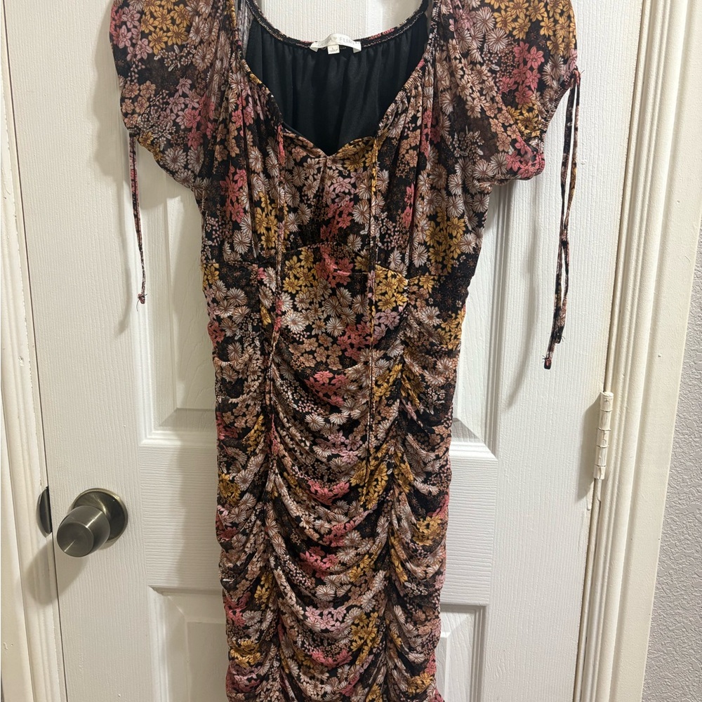 Ultra Flirt Brown and Orange Ruched Bodycon Midi Dress